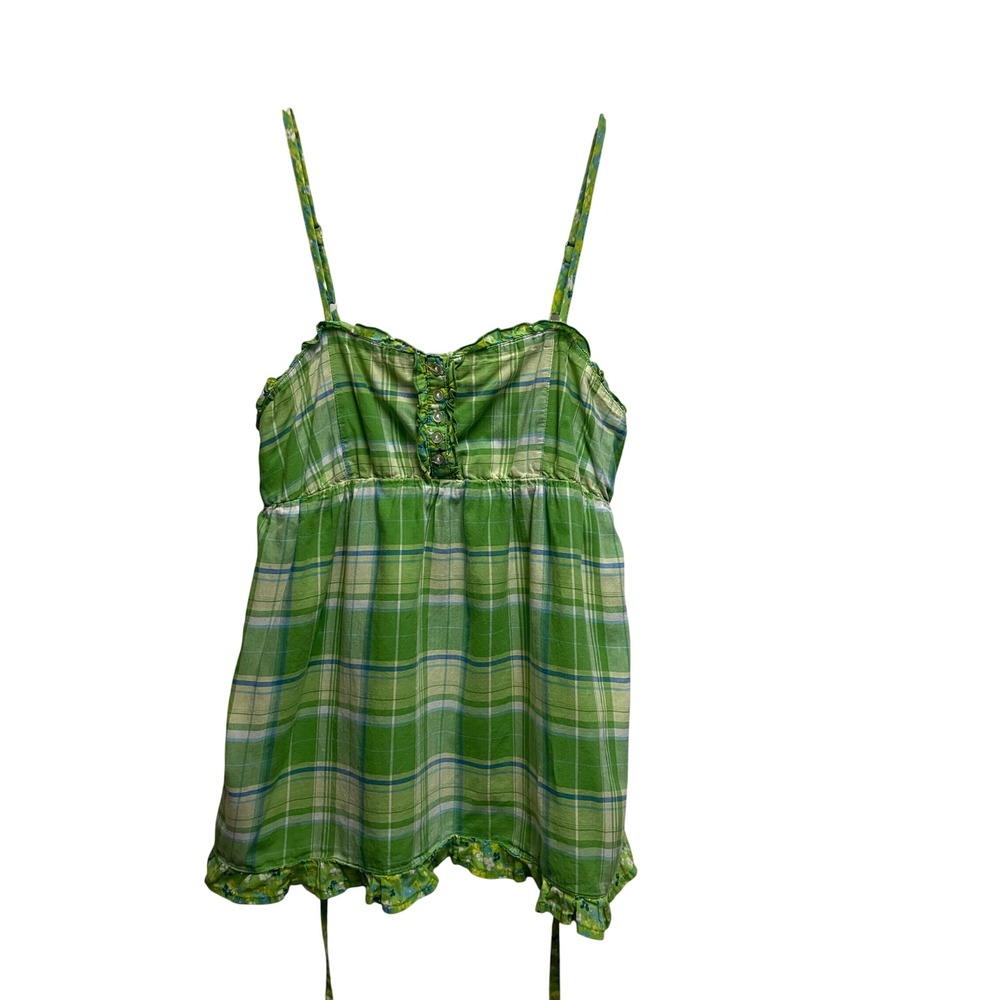 SO Green Plaid Babydoll Cami Top Y2K Ruffle Empire Waist Sleeveless Small
